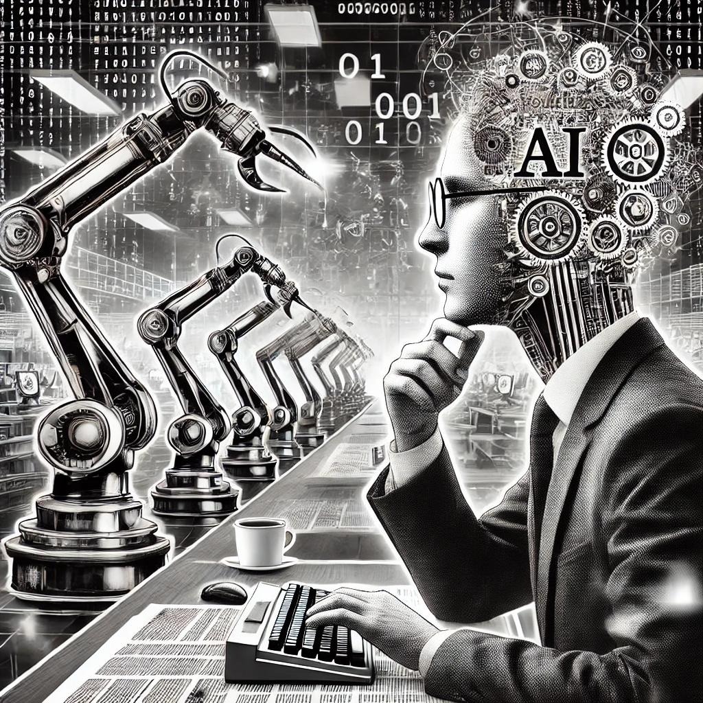 Dall·e 2024 08 04 17.29.37 A Black And White Image Illustrating The Impact Of Artificial Intelligence (ai) On Journalism. The Image Shows A Futuristic Newsroom With Robotic Arms