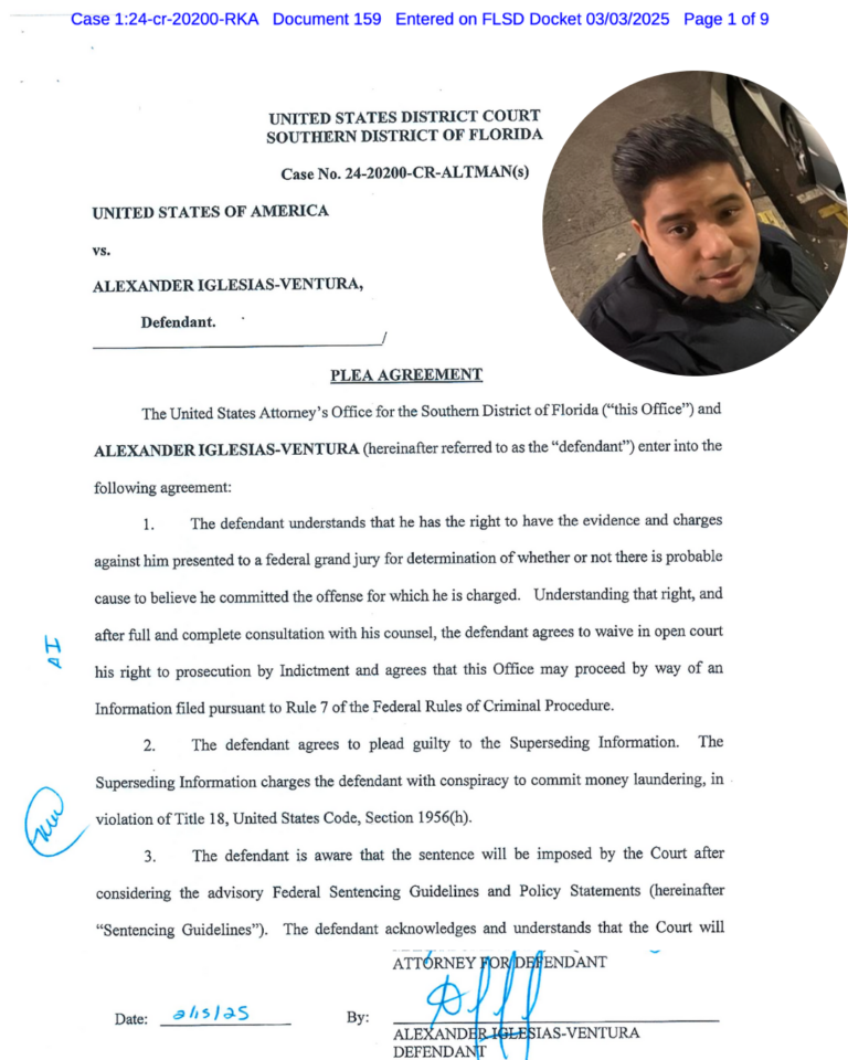 Alexander Iglesias Ventura se declara culpable de lavado de activos provenientes del narcotráfico