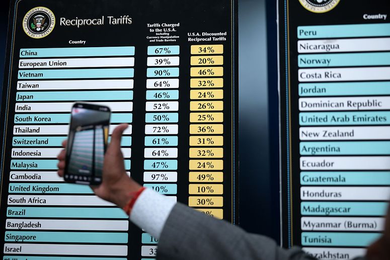 Los gráficos que muestran los "aranceles recíprocos" que Estados Unidos está cobrando a otros países se muestran en la Sala de Prensa James Brady de la Casa Blanca el 2 de abril de 2025 en Washington, D.C.