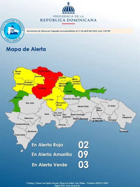 El COE emite alerta roja para Santiago y Puerto Plata por incidencia de una vaguada