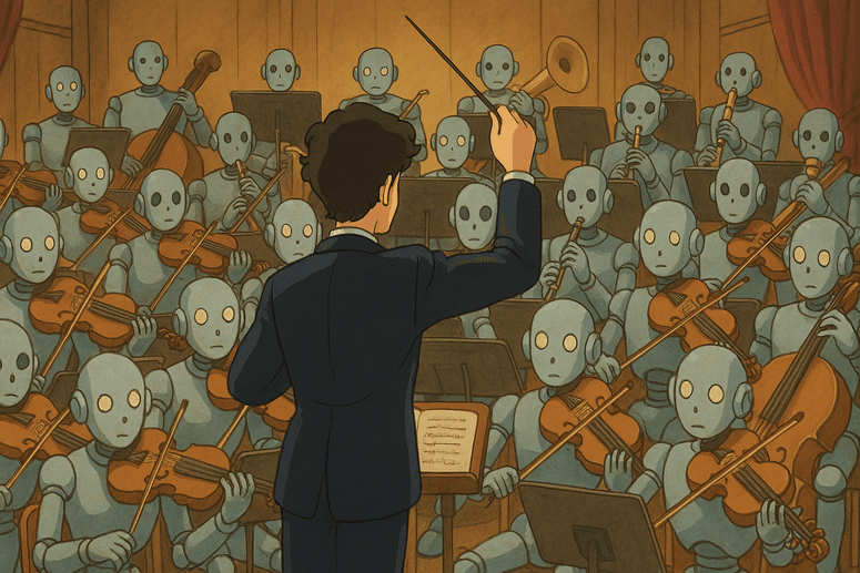 Ilustración de un director al frente de una orquesta de robots