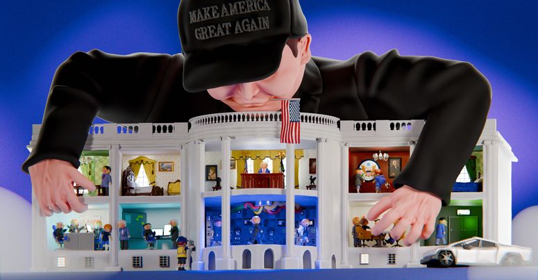 Elon Musk con un sombrero en el que se lee Make America Great Again (MAGA) reordenando las piezas de una casa de muñecas con forma de Casa Blanca.