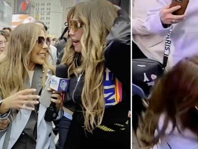 Reportera dominicana sufre caída viral al tropezarse con Thalía