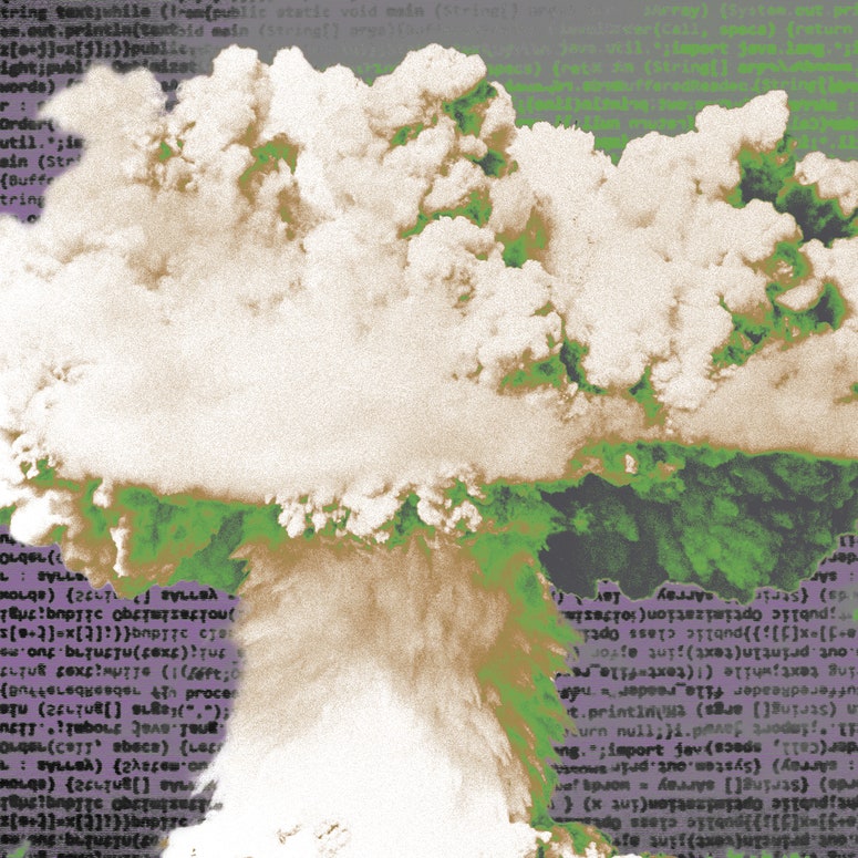 Ilustración fotográfica de un hongo nuclear verde y naranja delante de un fondo de código informático coloreado en verde y morado.