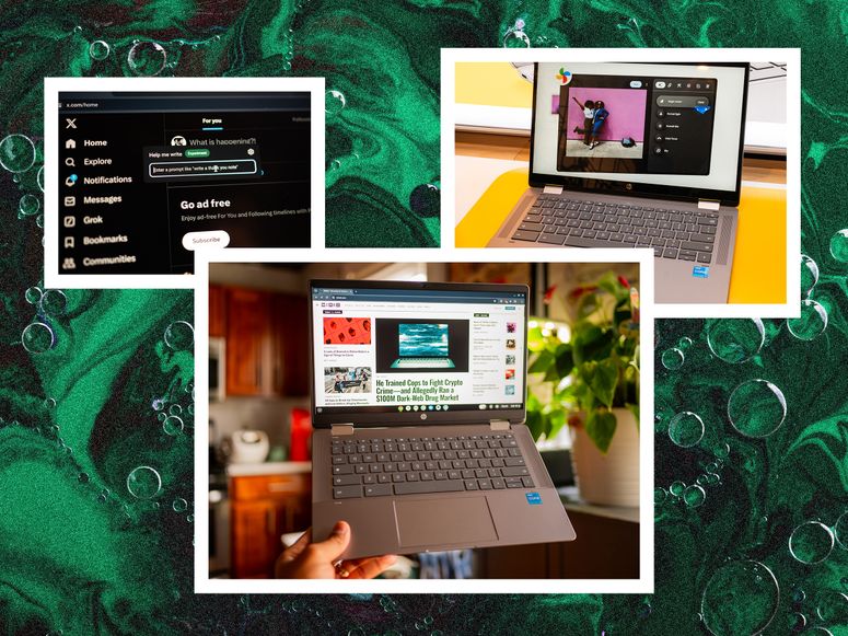 Collage de Chromebooks e interfaz de ChromeOS usando la IA