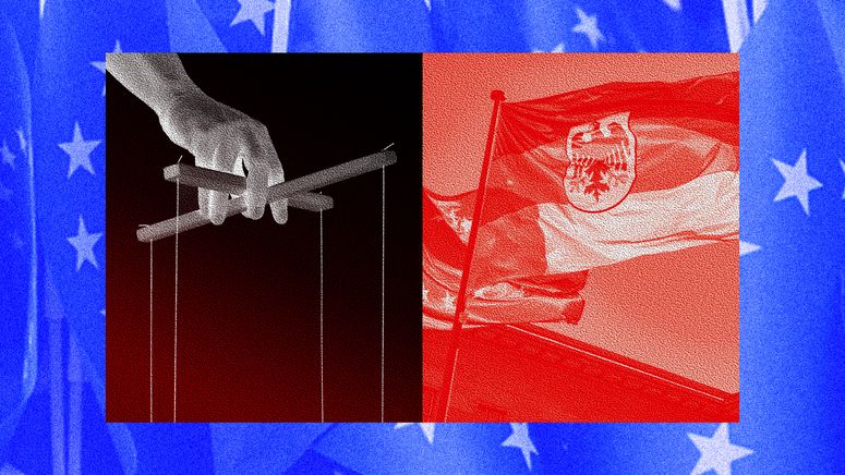 Imagen de una mano sujetando los hilos de una marioneta y las banderas de la Unión Europea y Alemania