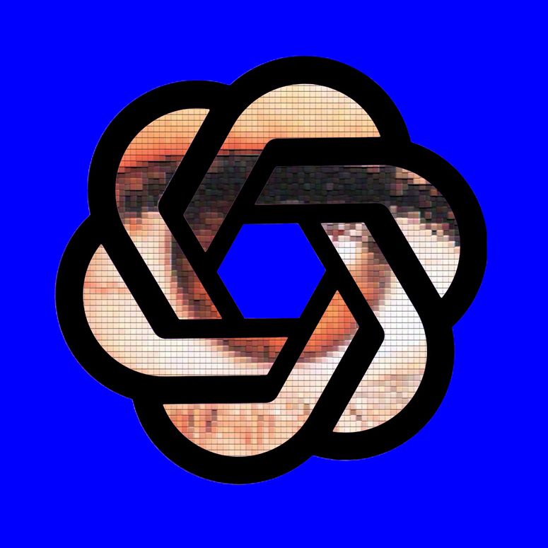 Ilustración fotográfica de un ojo pixelado dentro del logotipo de ChatGPT sobre fondo azul.