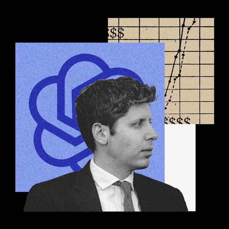 Collage de Sam Altman, el logotipo de OpenAI y un gráfico con una línea ascendente nítida